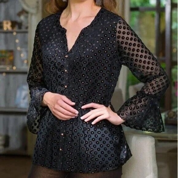 Soft Surroundings Women Sheer Overlay Top PM Black Swiss Dots Flutter Sleeve - Picture 1 of 11